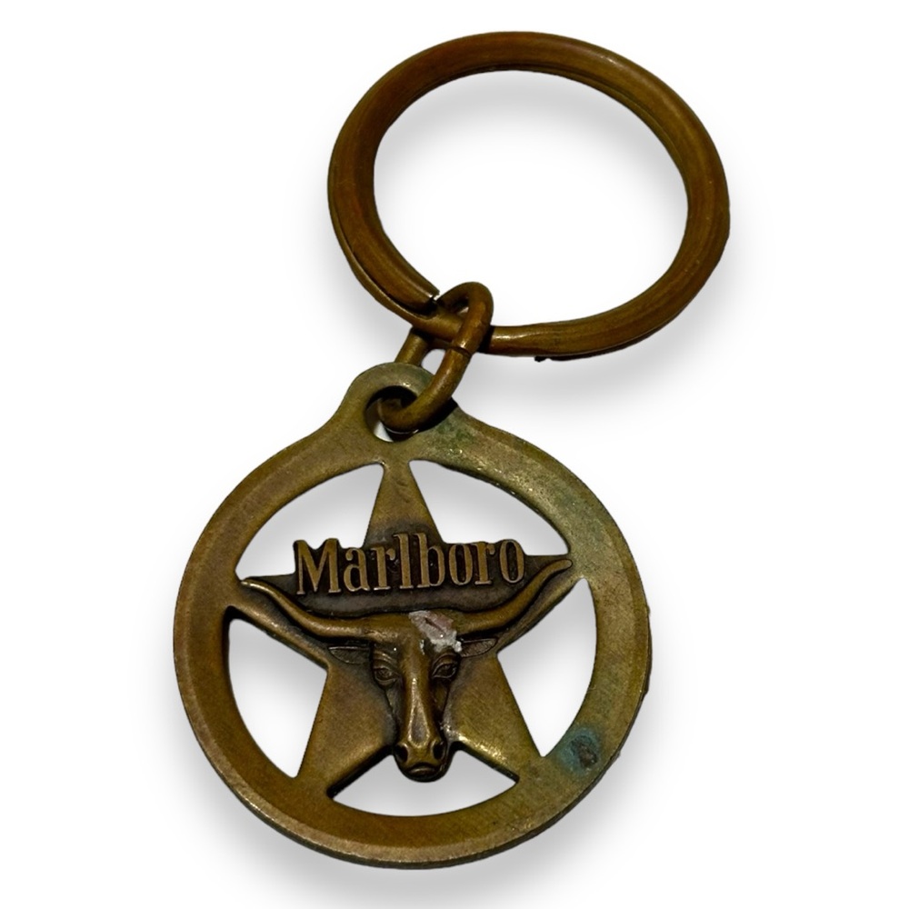 Vintage Marlboro Brass Key Chain Key Ring Longhorn Steer Western Texas Star - Picture 3 of 5
